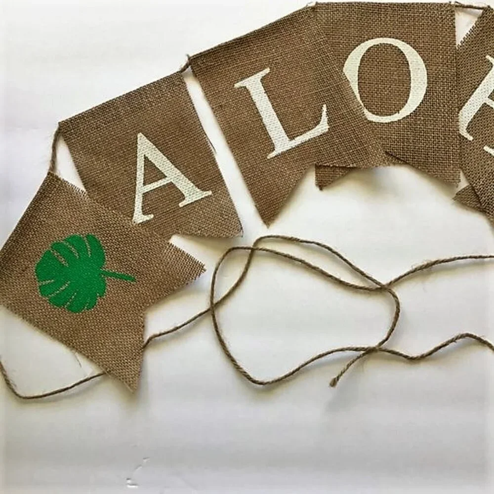 NEW ALOHO RUSTIC BURLAP BANNER PALM LEAVES HAWAIIAN TROPICAL PARTY DECOR